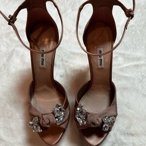 Miu Miu Tan-nude dusty  pink Satin Heels with Crystal Accents-brand new